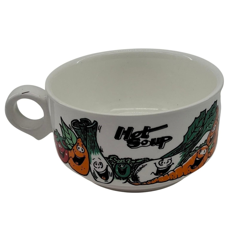 Vtg "Hot Soup" Mug Cup Bowl Anthropomorphic Vegetables Kitsch Retro *some wear